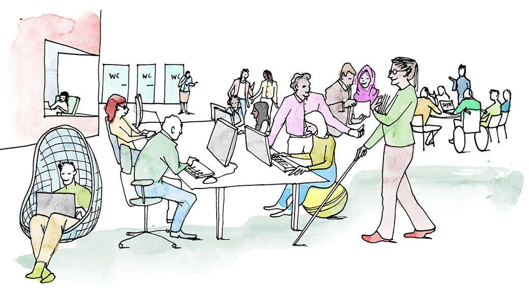 Illustration av en arbetsplats med UUA. Av Anneli Karlsson.