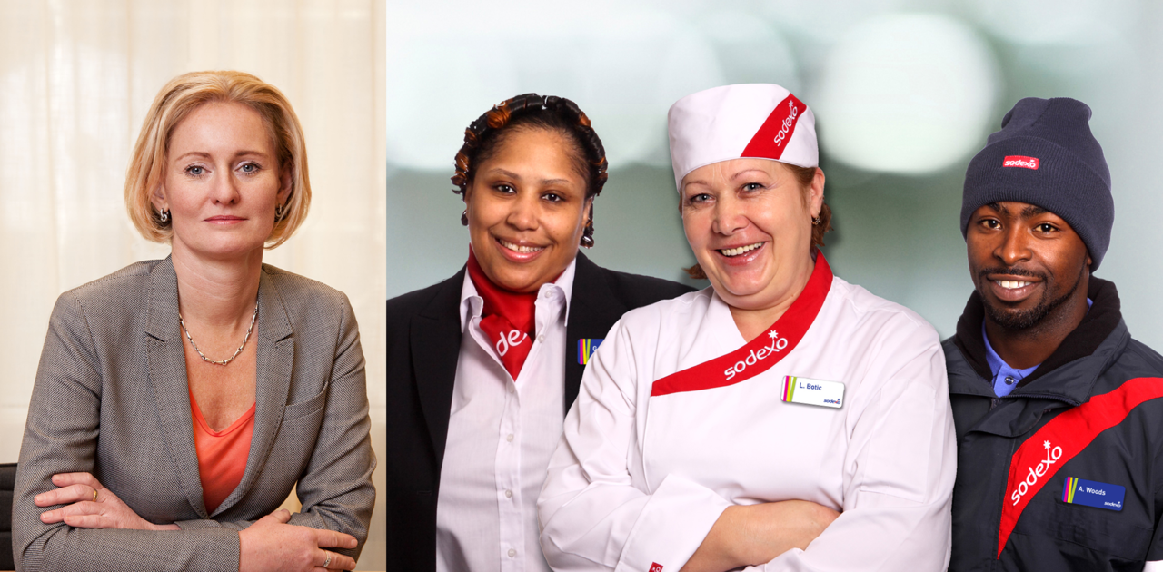 Sammansatt bild, till vänster Karin Vierma, Operations Director för Sodexo, till tre andra personer med Sodexo-kläder.