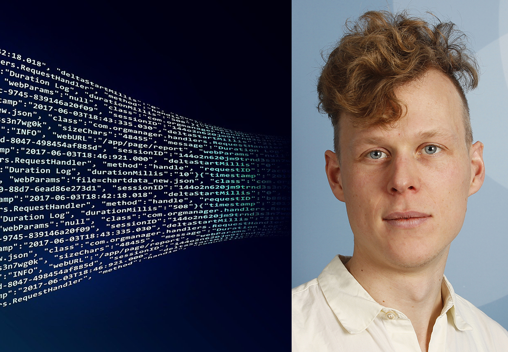 Tudelad bild på datakod och porträtt av Simon Vinge