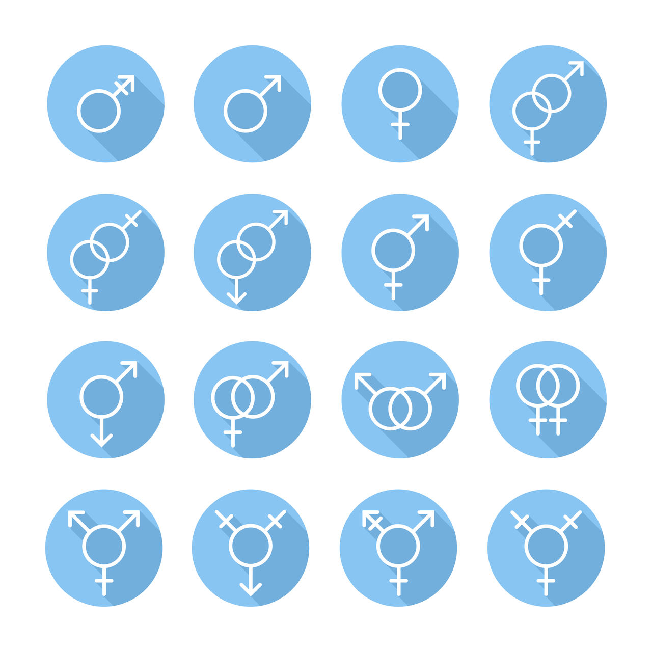 Symboler för kvinnligt, manligt, heterosexualitet, homosexualitet, bisexualitet, transexualitet och sexualitet.