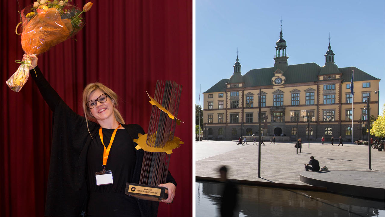 Lisa Friberg (S), ordförande i Eskilstunas jämställdhetsberedning, tog emot årets jämställdhetspris. Till höger: Eskilstunas stadshus. Foto: Therese Johansson och Sten Jansin