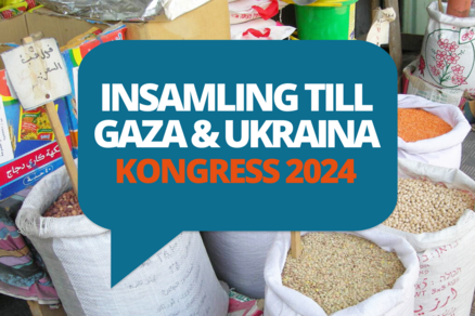 Säckar med mat och texten Insamling till Gaza och Ukraina